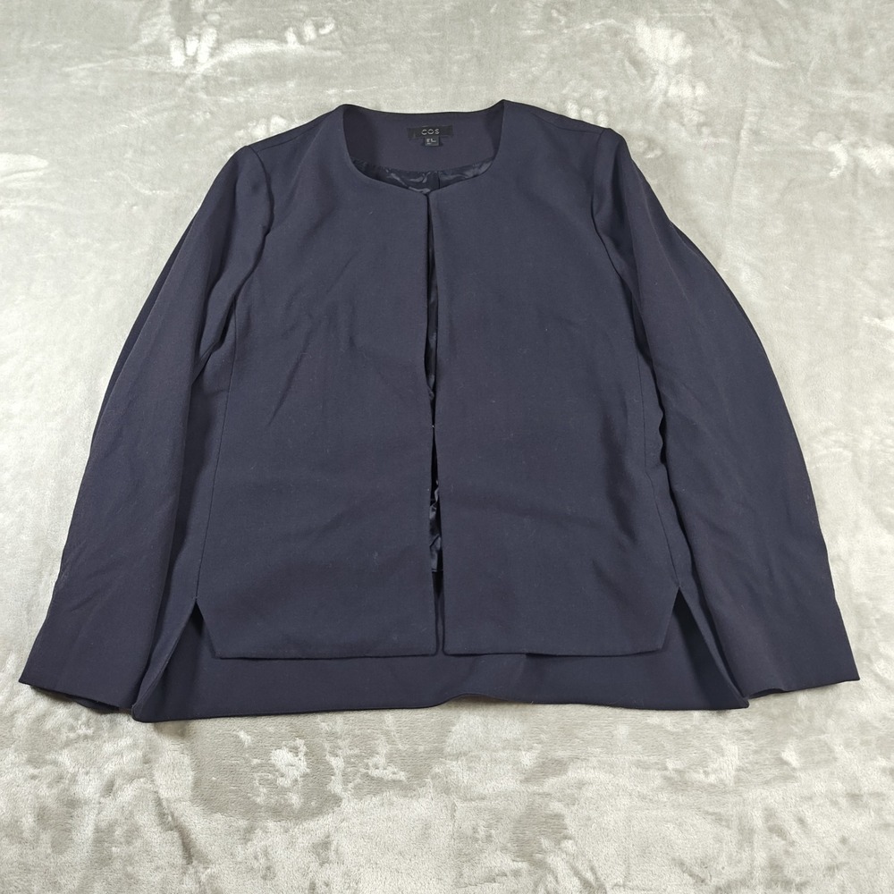 COS Blazer Womens 10 Blue Collarless Open Front Side Slit Minimalist Lined Work